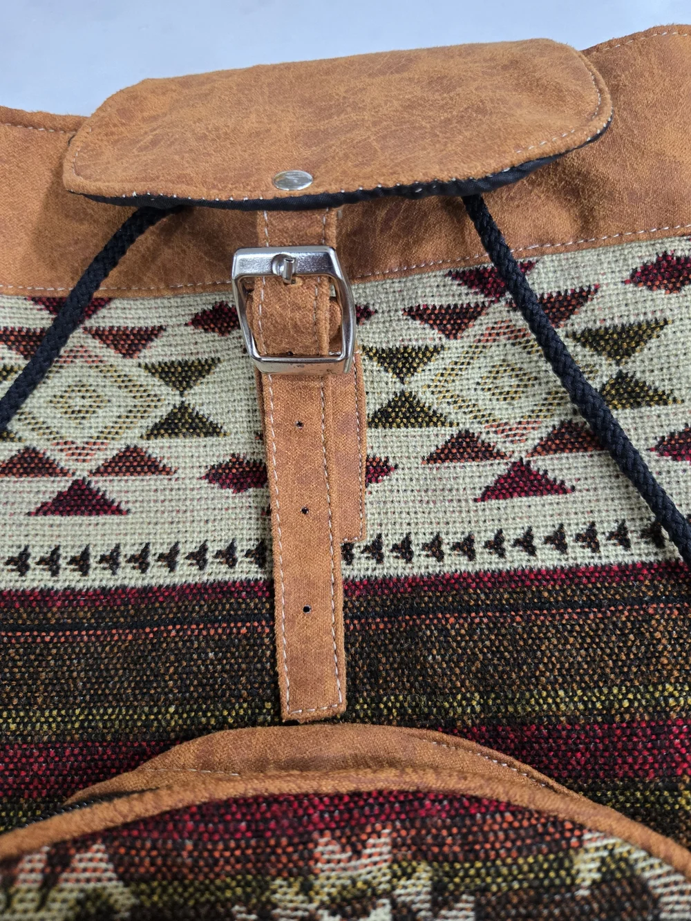 Boho Tribal Canvas Backpack with Tan Suede Trim